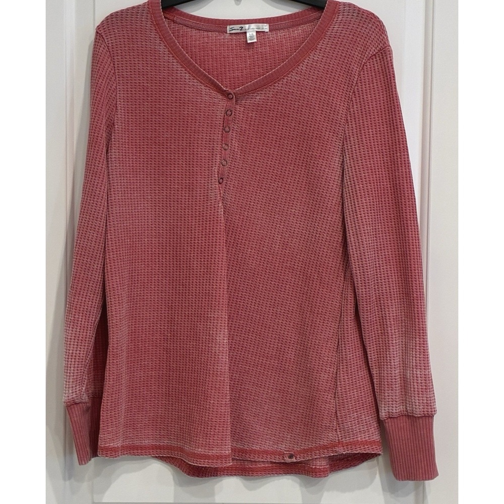Seven7 Waffle Henley Shirt Womens L Cotton Blend Long Sleeve Pullover Pink 90s